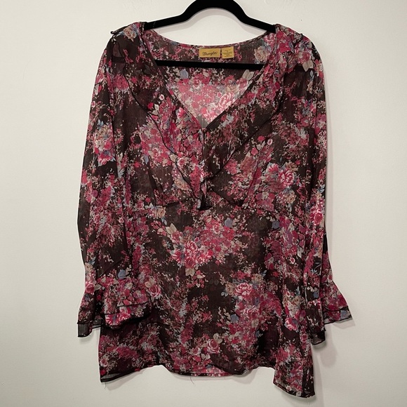 Wrangler women's Black purple Floral sheer baby doll Y2K ruffle sleeve blouse XL - Picture 1 of 6